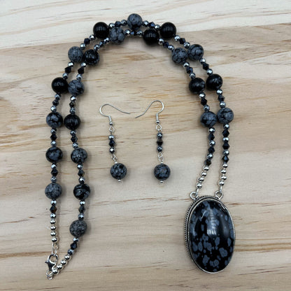 925 Silver Trendy Handcrafted Black Snowflake Obsidian & Silver Haematite Single Strand Long Bead Necklace Set