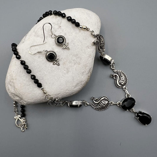 925 SS Peacock Motif Oxidised Classic Black Color Onyx Bead Necklace Set