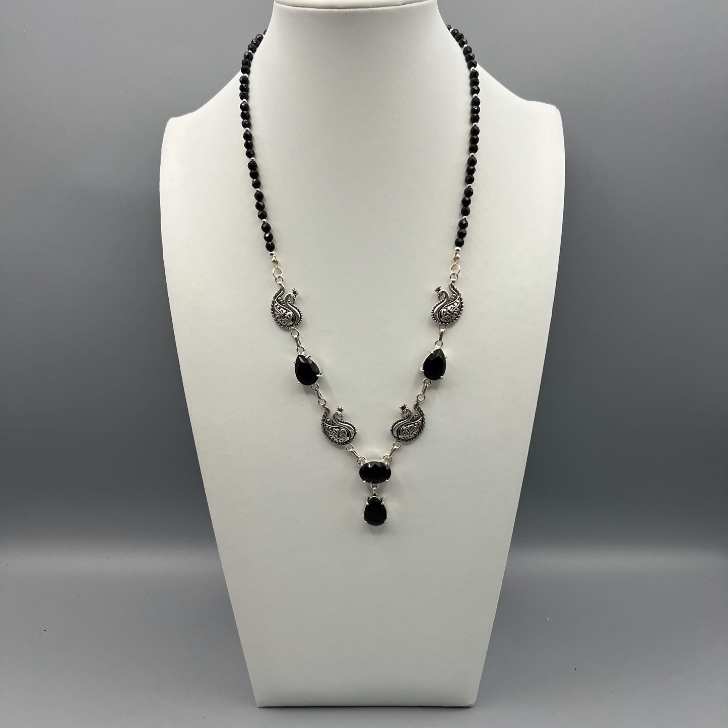 925 Oxidized Silver Peacock Motif Classic Handcrafted Black Onyx Single Strand Bead Necklace Set