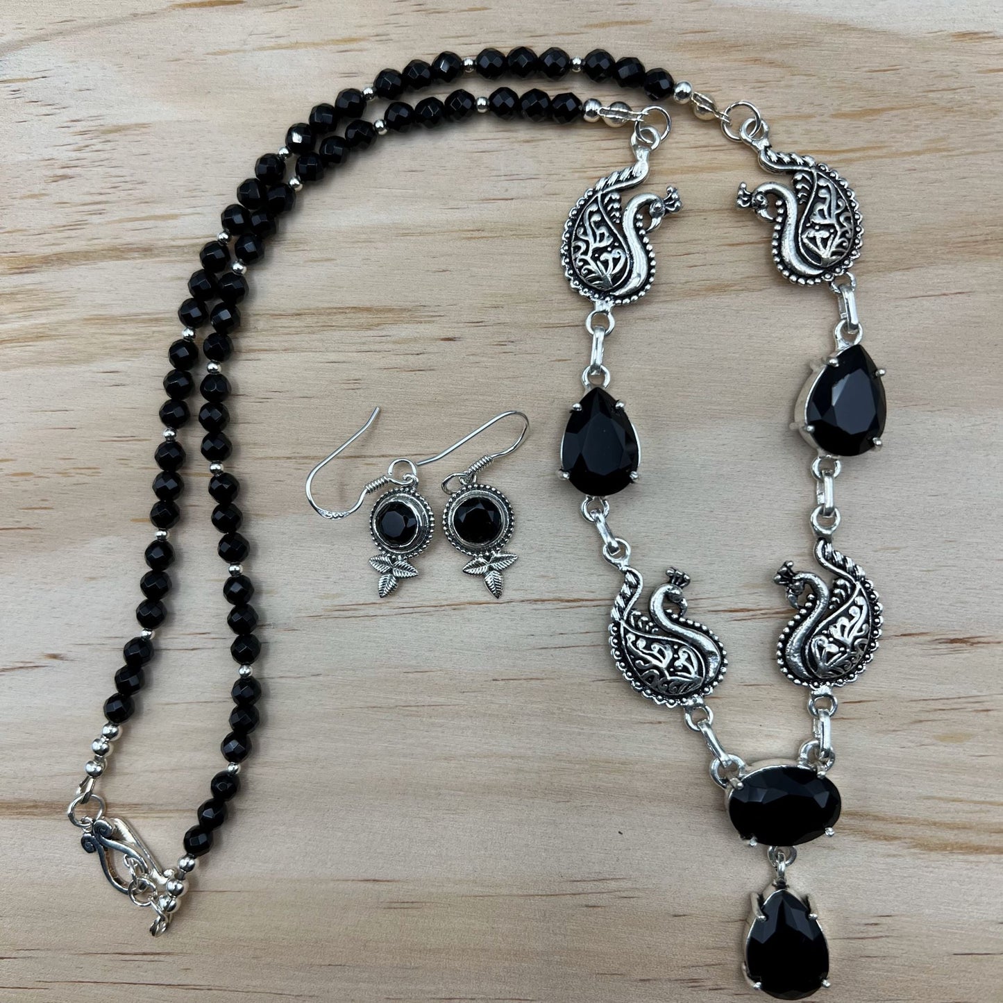 925 Oxidized Silver Peacock Motif Classic Handcrafted Black Onyx Single Strand Bead Necklace Set