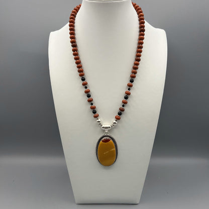 925 Silver Designer Classic Handcrafted Red Jasper & Yellow Mookaite, Black Onyx Single Strand Bead Necklace Set