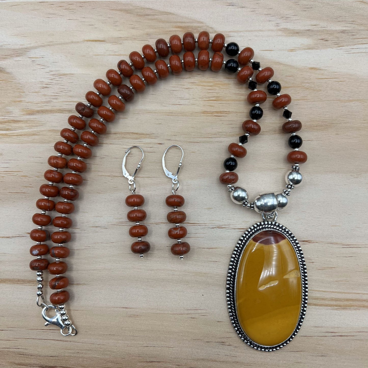 925 Silver Designer Classic Handcrafted Red Jasper & Yellow Mookaite, Black Onyx Single Strand Bead Necklace Set