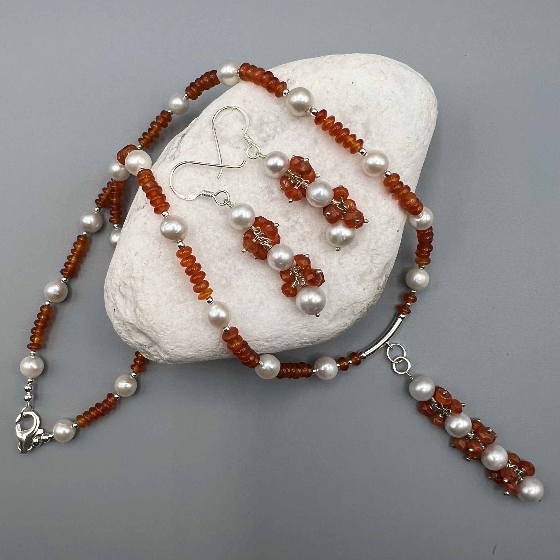 925 SS Designer Festive Orange Color Carnelian, Pearl Bead Necklace Set