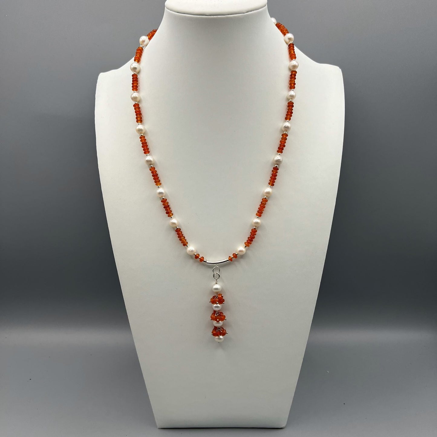 925 Silver Trendy Handcrafted Orange Carnelian & Pearl Single Strand Bead Necklace Set