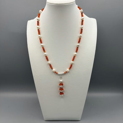 925 Silver Trendy Handcrafted Orange Carnelian & Pearl Single Strand Bead Necklace Set