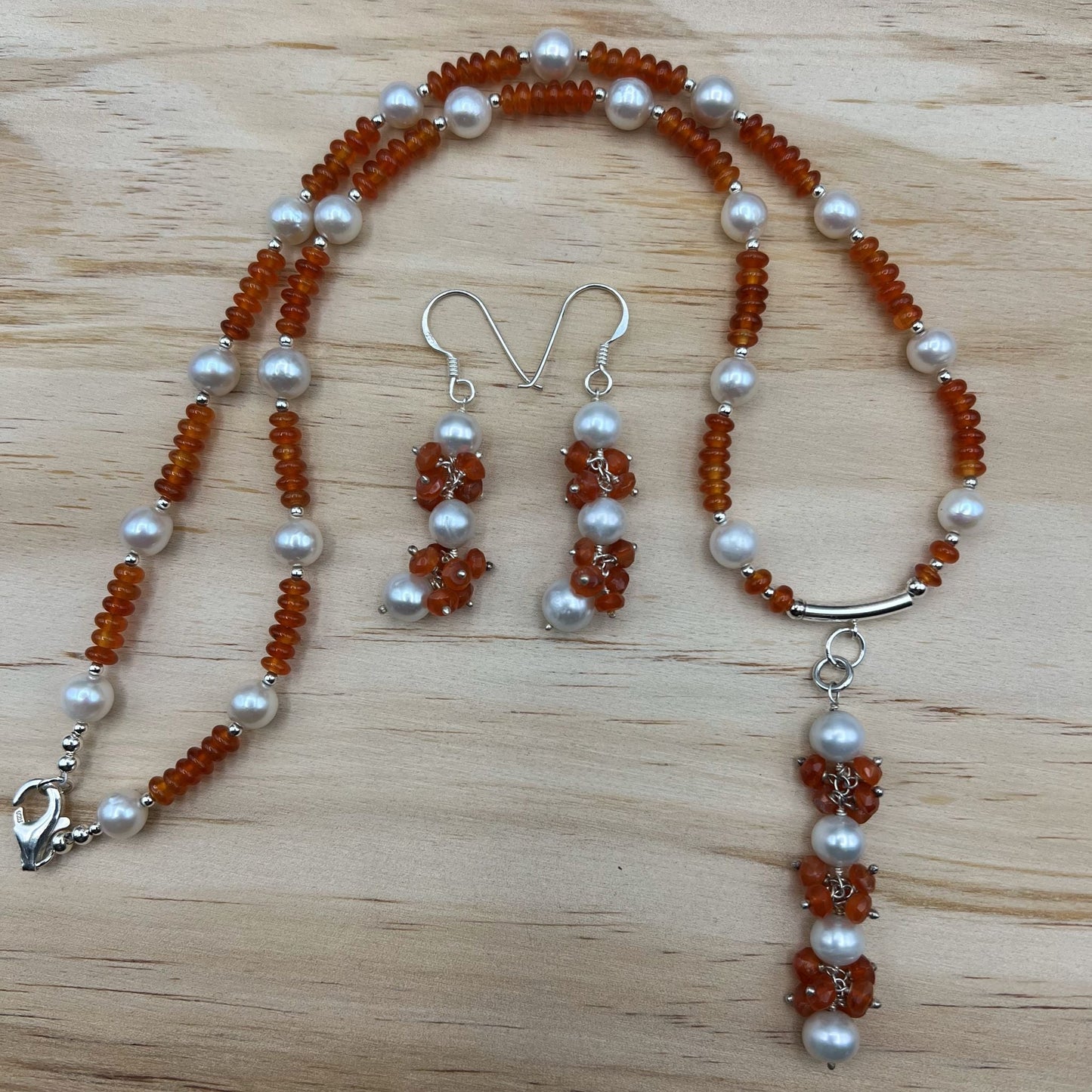 925 Silver Trendy Handcrafted Orange Carnelian & Pearl Single Strand Bead Necklace Set