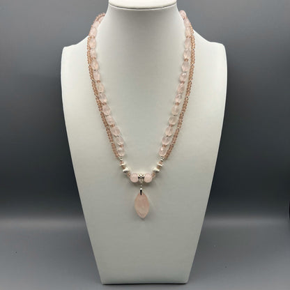 925 Silver Classic Handcrafted Rose Quartz & Rose Pink Crystals Dual Strand Bead Necklace Set