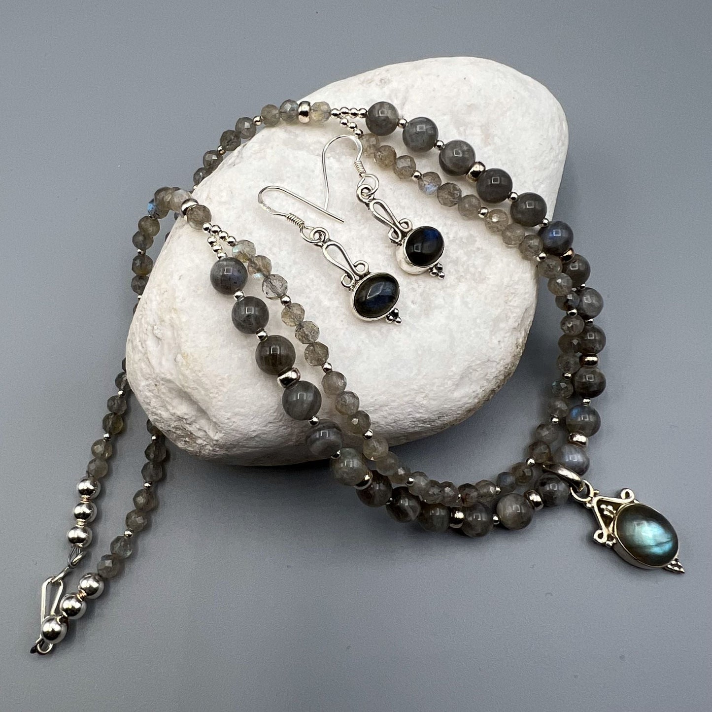 925 SS Dual Strand Classic Grey Color Labradorite Bead Necklace Set