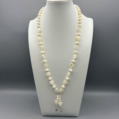 925 Silver Designer Trendy Handcrafted White Mother of Pearl Single Strand Long Bead Necklace Set