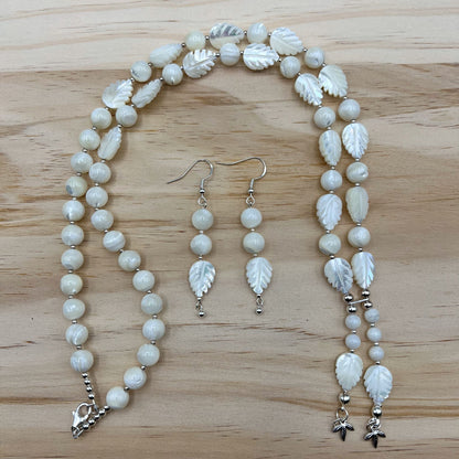 925 Silver Designer Trendy Handcrafted White Mother of Pearl Single Strand Long Bead Necklace Set