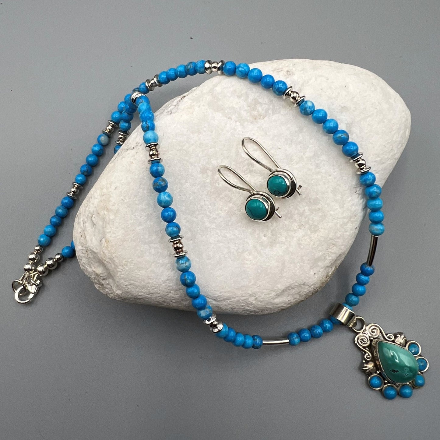 925 SS Dainty Blue Color Magnesite, Blue Turquoise Bead Necklace Set