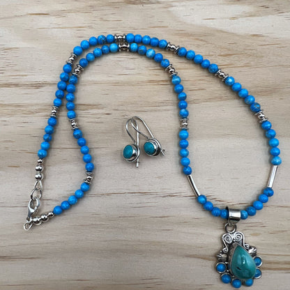 925 Silver Dainty Handcrafted Blue Magnesite & Turquoise Single Strand Bead Necklace Set