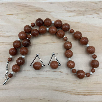 925 Silver Trendy Handcrafted Gold Brown Sand Stone Chunky Bead Necklace Set