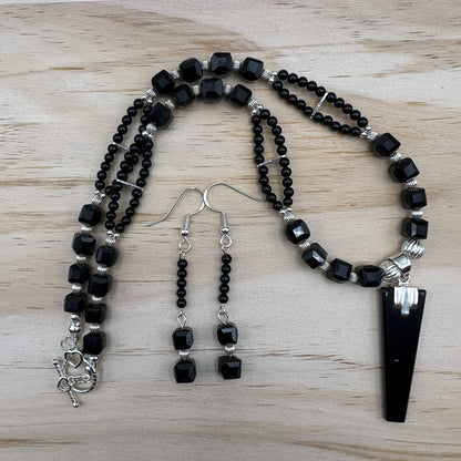 925 Silver Trendy Handcrafted Black Onyx & Czech Crystals Single Bead Necklace Set