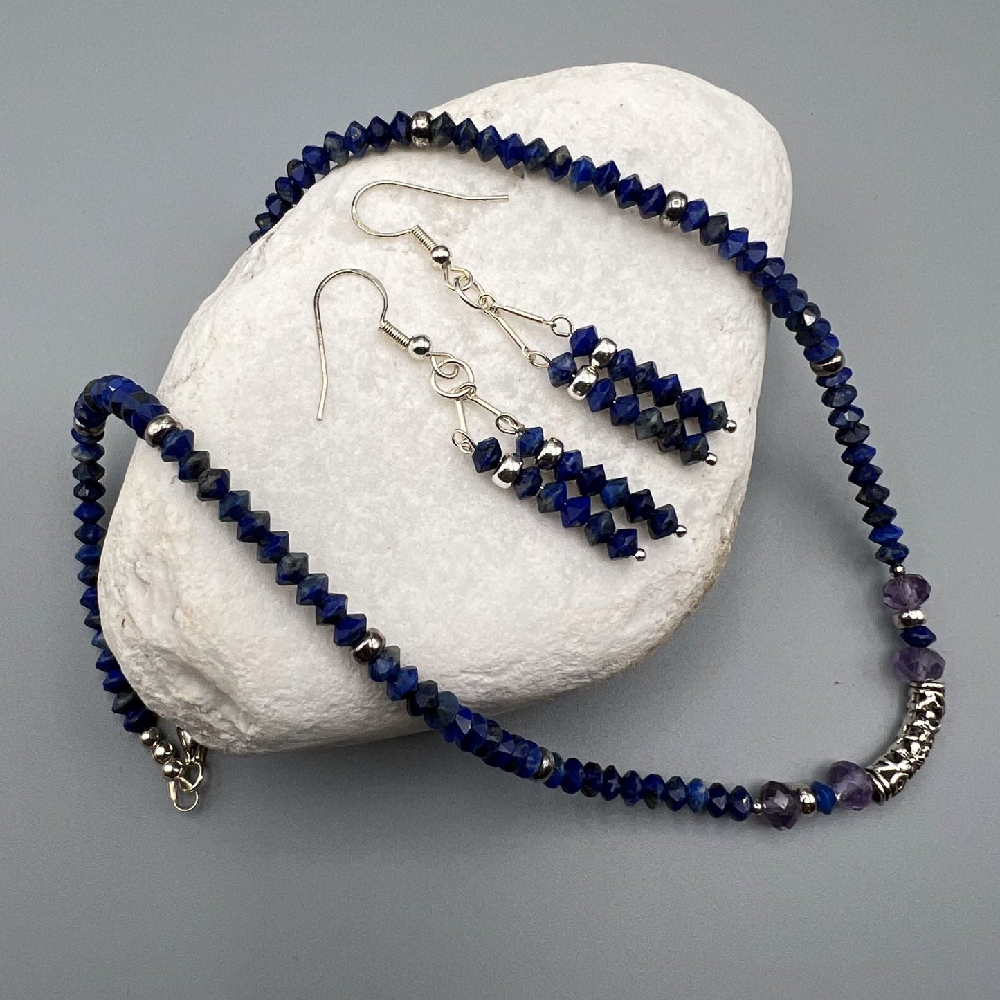 925 SS Dainty Blue Color Lapis Lazuli, Amethyst Bead Necklace Set