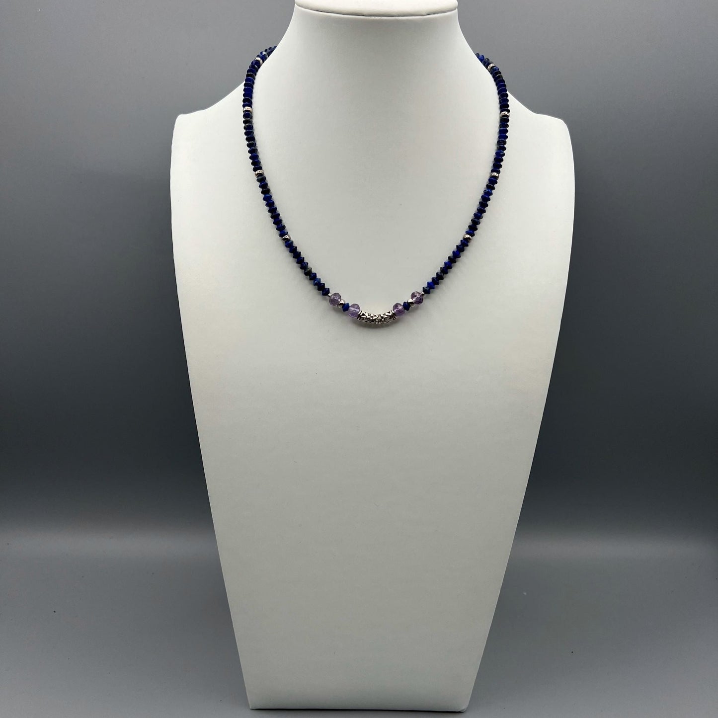 925 Silver Dainty Handcrafted Blue Lapis Lazuli & Amethyst Single Strand Bead Necklace Set