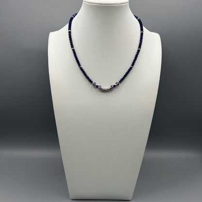 925 Silver Dainty Handcrafted Blue Lapis Lazuli & Amethyst Single Strand Bead Necklace Set