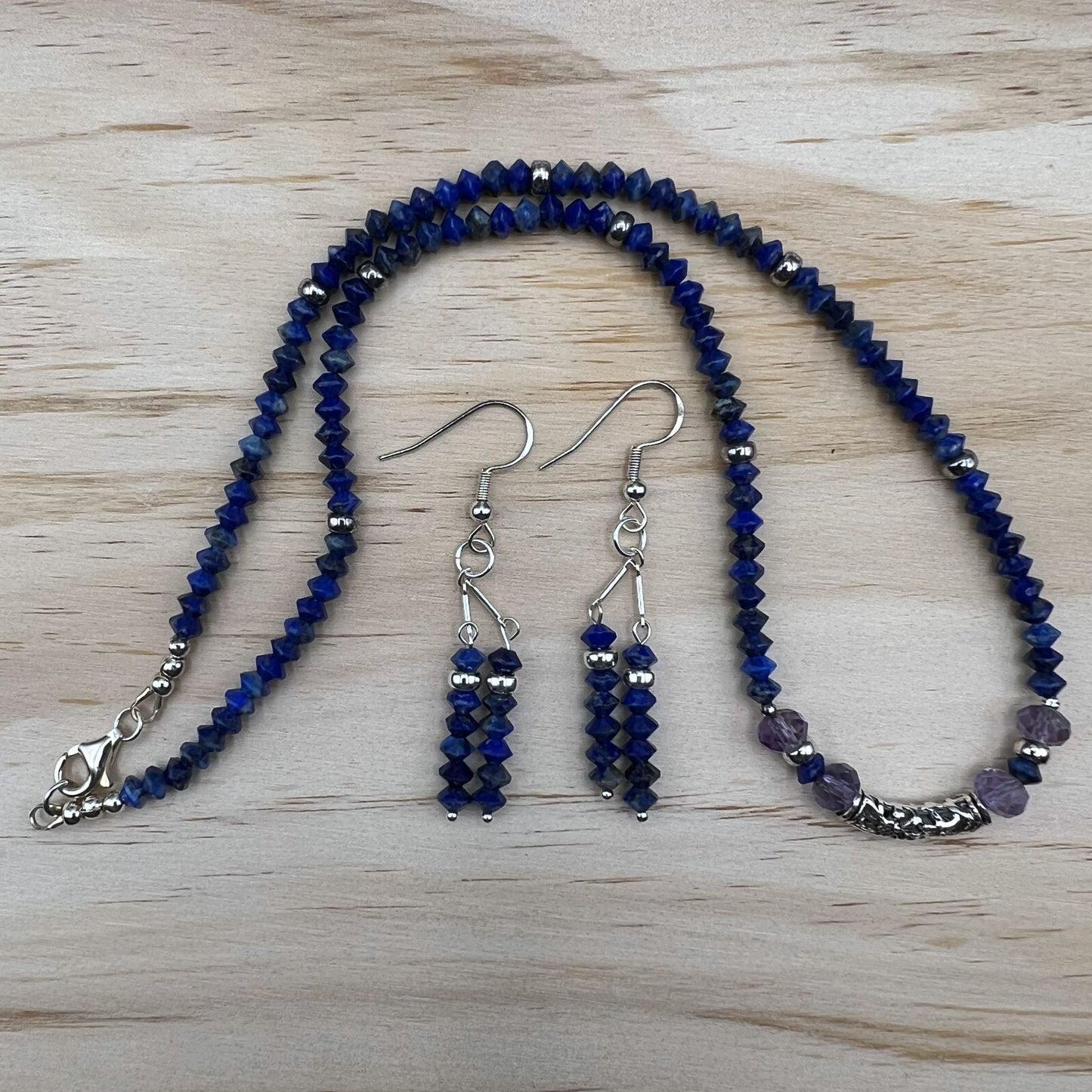 925 Silver Dainty Handcrafted Blue Lapis Lazuli & Amethyst Single Strand Bead Necklace Set