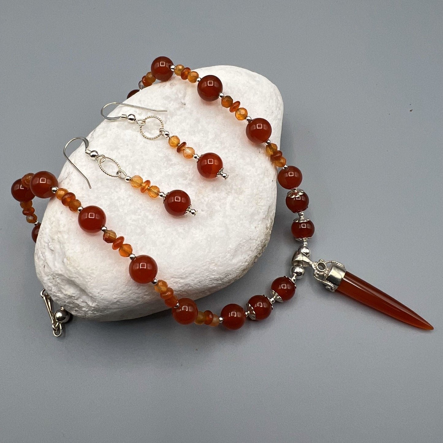 925 SS Trendy Orange Color Carnelian Bead Necklace Set