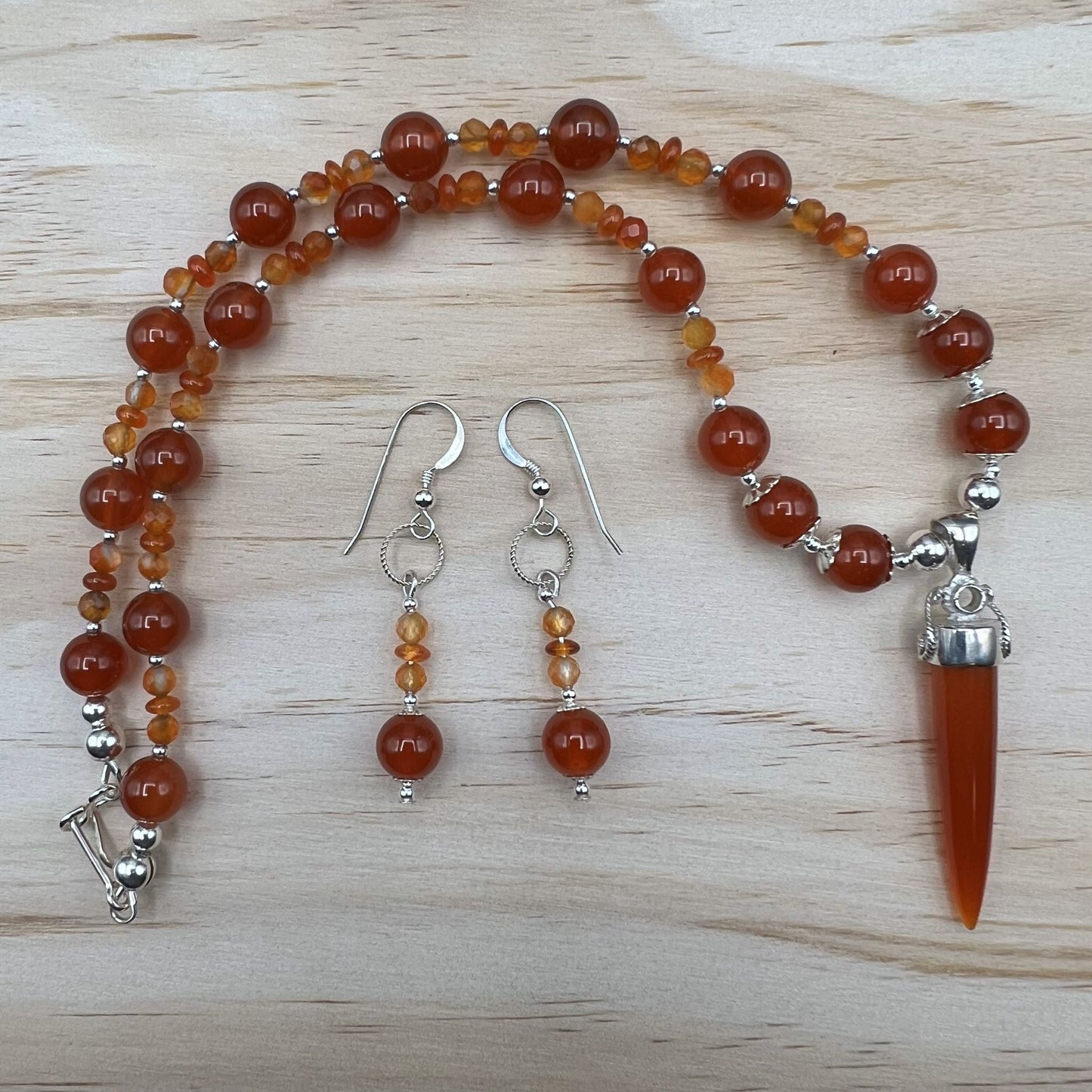 925 Silver Trendy Handcrafted Orange Carnelian Single Strand Bead Necklace Set