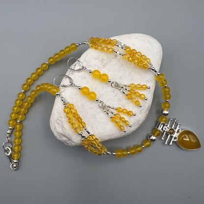 925 SS Designer Festive Yellow Color Citrine, Yellow Onyx Bead Necklace Set