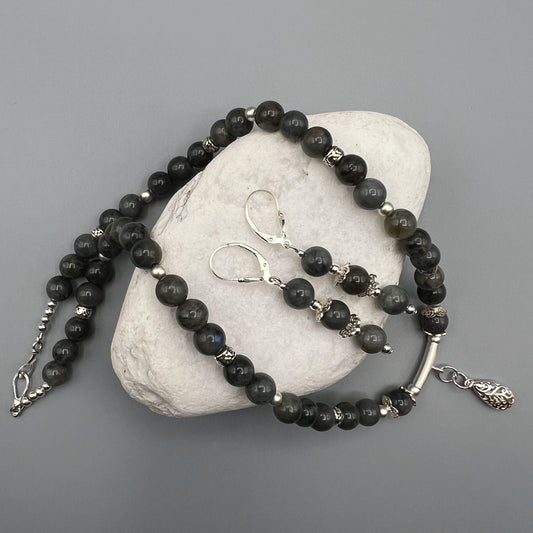 925 SS Classic Grey Color Labradorite Bead Necklace Set