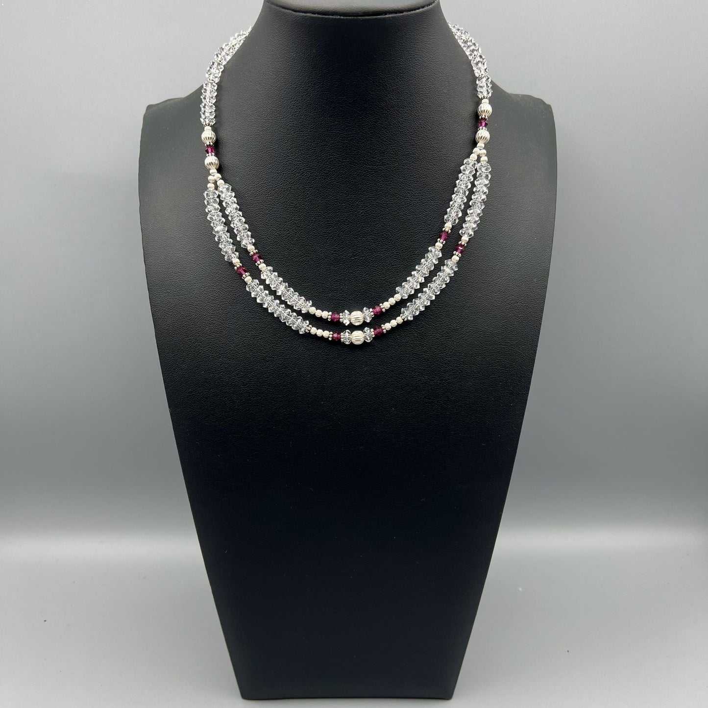 925 Silver Classic Handcrafted White Crystal Quartz Dual Strand Bead Necklace Set