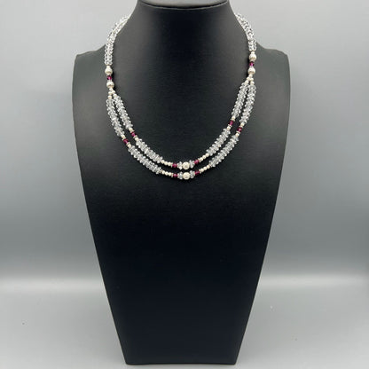 925 Silver Classic Handcrafted White Crystal Quartz Dual Strand Bead Necklace Set