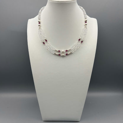 925 Silver Classic Handcrafted White Crystal Quartz Dual Strand Bead Necklace Set