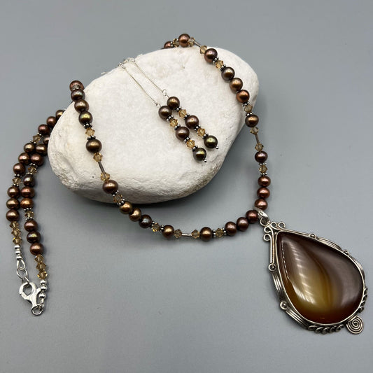 925 SS Vintage Look Classic Brown Color Pearl, Brown Agate Bead Necklace Set