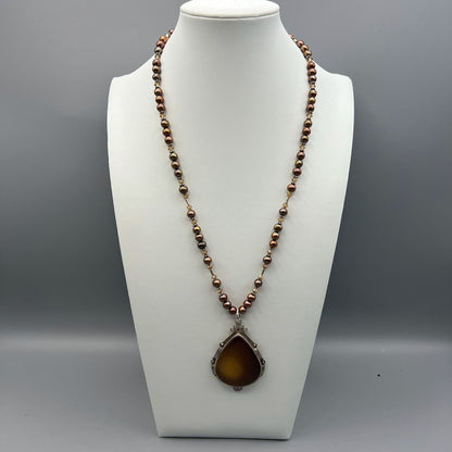 925 Silver Vintage Look Handcrafted Brown Pearl & Brown Agate Single Strand Bead Necklace Set