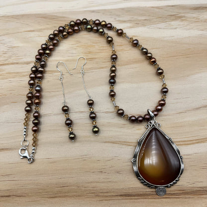 925 Silver Vintage Look Handcrafted Brown Pearl & Brown Agate Single Strand Bead Necklace Set