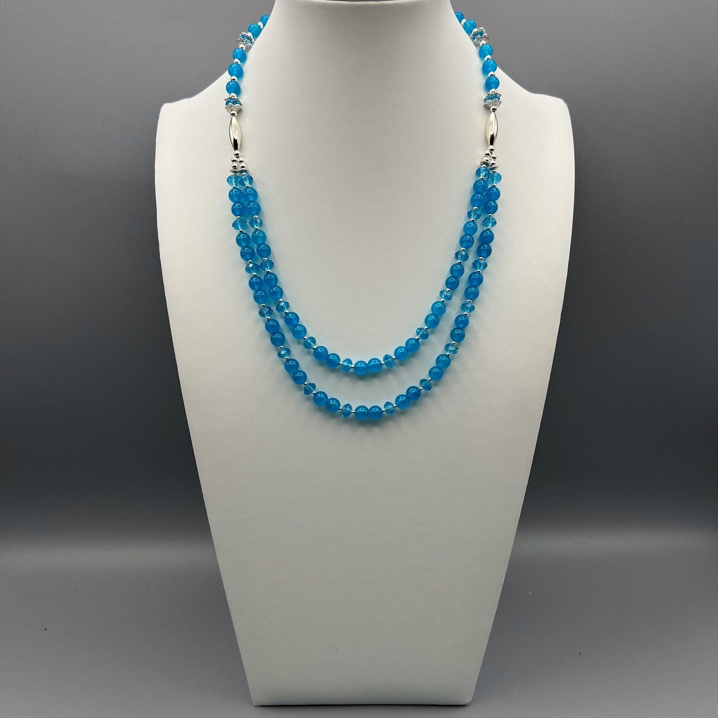 925 Silver Designer Classic Handcrafted Blue Topaz Dual Strand Bead Necklace Set