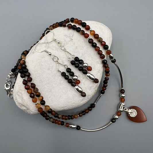 925 SS Designer Dainty Brown Color Agate, Orange Carnelian Bead Necklace Set