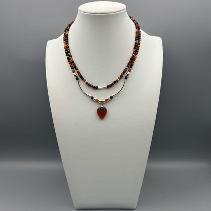 925 Silver Designer Dainty Handcrafted Brown Agate & Orange Carnelian Dual Strand Bead Necklace Set