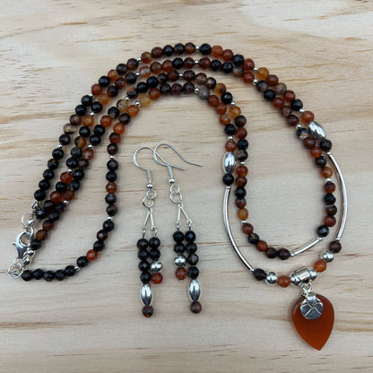 925 Silver Designer Dainty Handcrafted Brown Agate & Orange Carnelian Dual Strand Bead Necklace Set