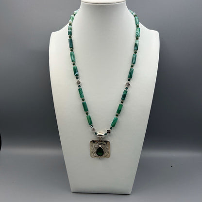 925 Silver Trendy Handcrafted Green Botswana Agate & Green Hydro Single Strand Bead Long Necklace Set