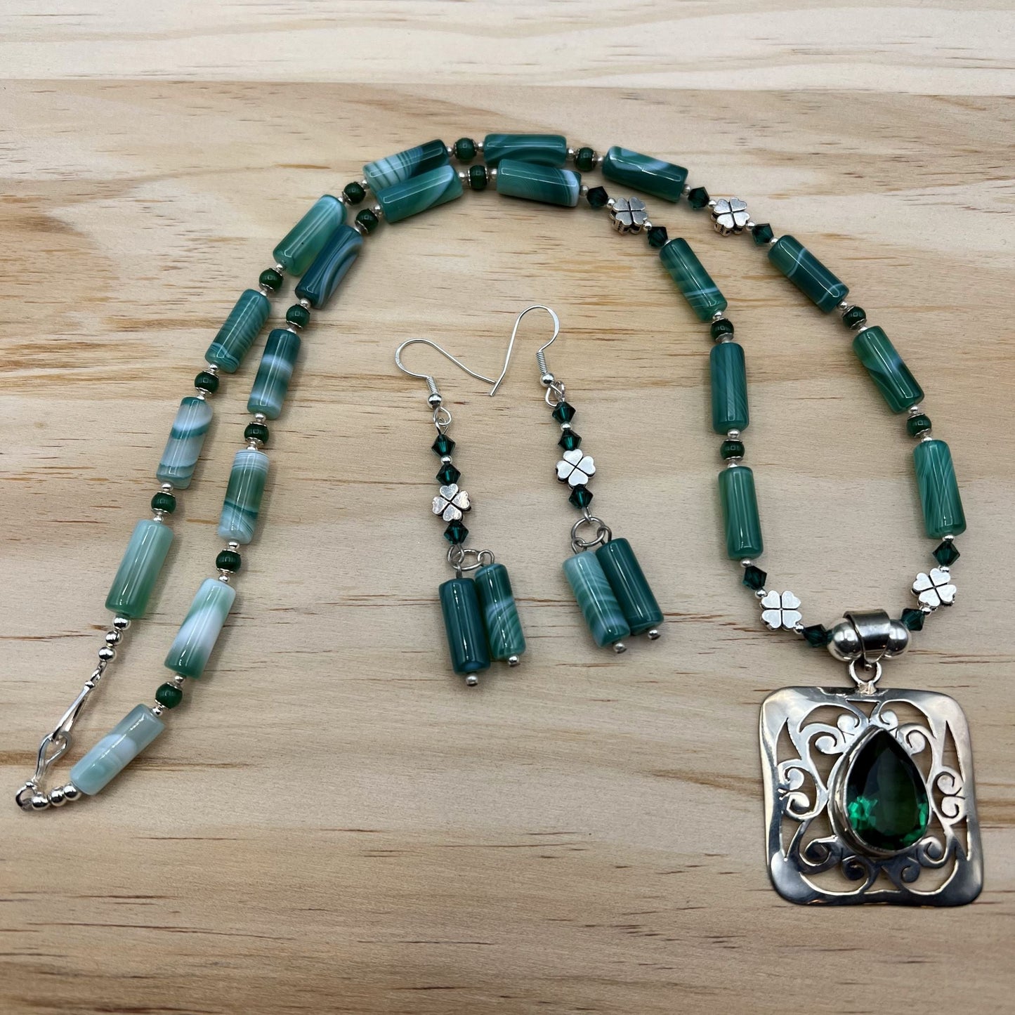 925 Silver Trendy Handcrafted Green Botswana Agate & Green Hydro Single Strand Bead Long Necklace Set