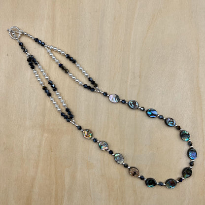 925 SS Designer Dainty Rainbow Color Abalone Shell, Pearl & Black Crystals Bead Necklace