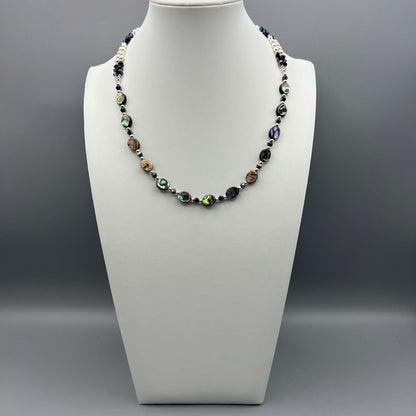 925 Silver Dainty Handcrafted Rainbow Abalone Shell & Pearl, Black Crystals Multi Strand Bead Necklace