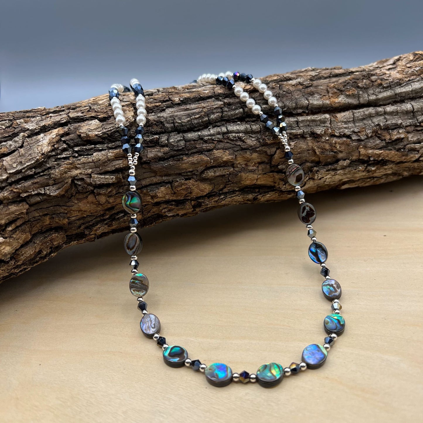 925 Silver Dainty Handcrafted Rainbow Abalone Shell & Pearl, Black Crystals Multi Strand Bead Necklace