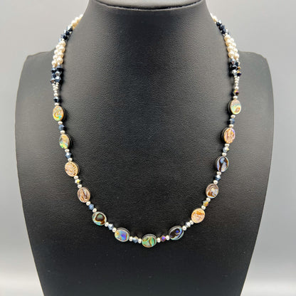 925 Silver Dainty Handcrafted Rainbow Abalone Shell & Pearl, Black Crystals Multi Strand Bead Necklace