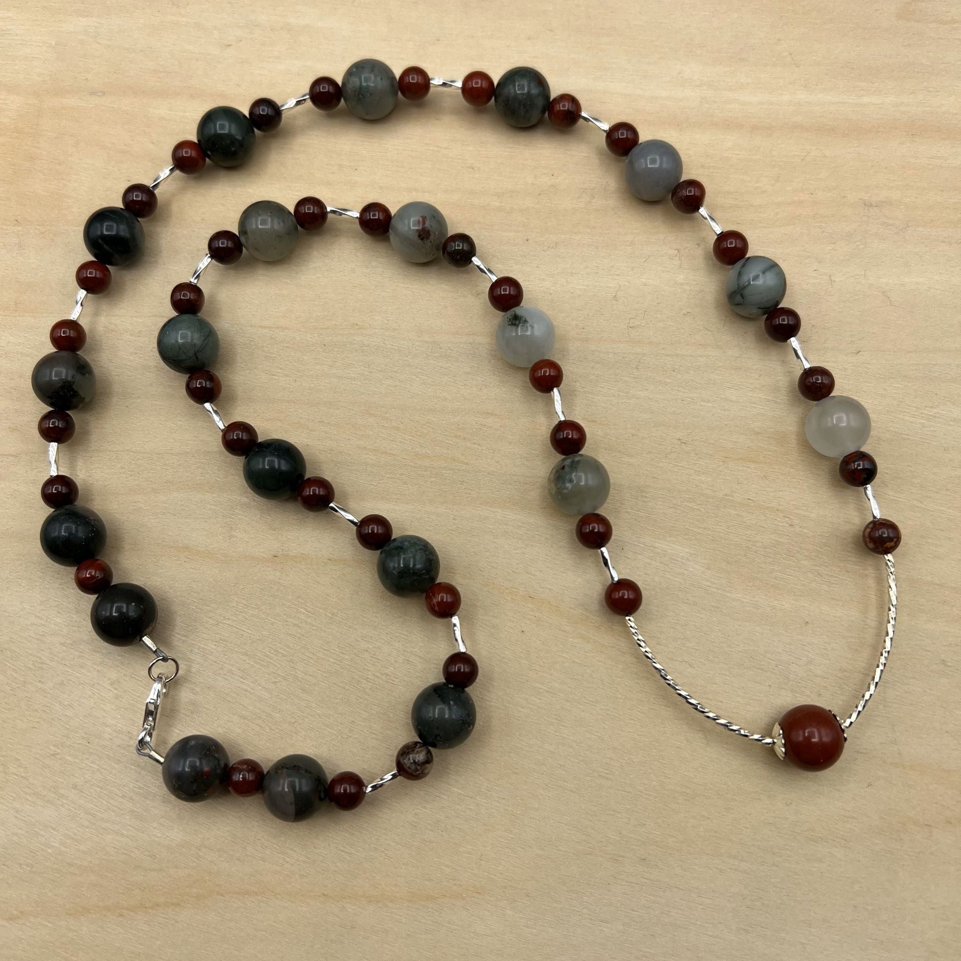 925 SS Trendy Grey Color African BloodStone Bead Necklace