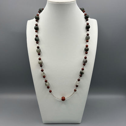 925 Silver Trendy Handcrafted Grey & Red Color African Blood Stone Single Strand Long Bead Necklace