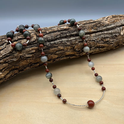 925 Silver Trendy Handcrafted Grey & Red Color African Blood Stone Single Strand Long Bead Necklace