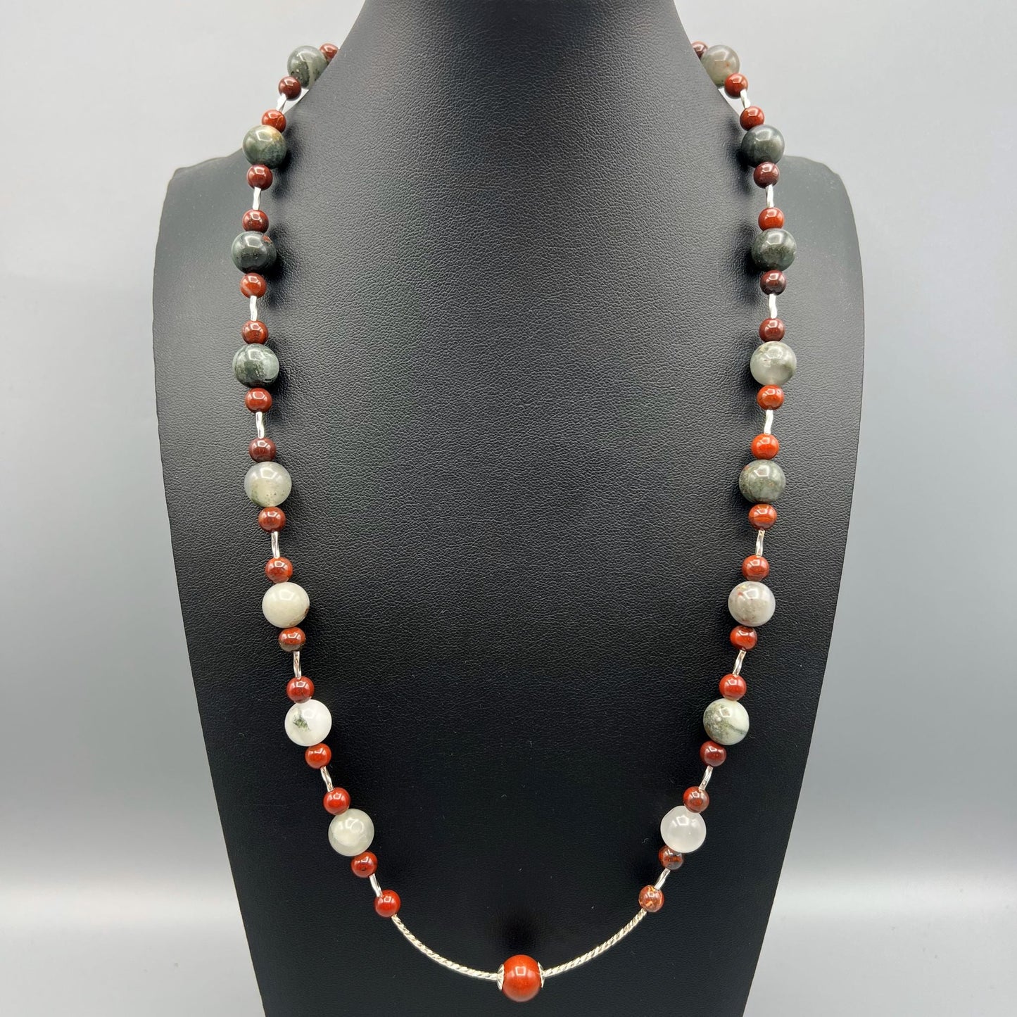 925 Silver Trendy Handcrafted Grey & Red Color African Blood Stone Single Strand Long Bead Necklace