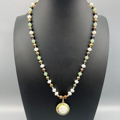 925 Silver Classic Handcrafted Multi Color Pearl & Green Aventurine Single Strand Bead Necklace