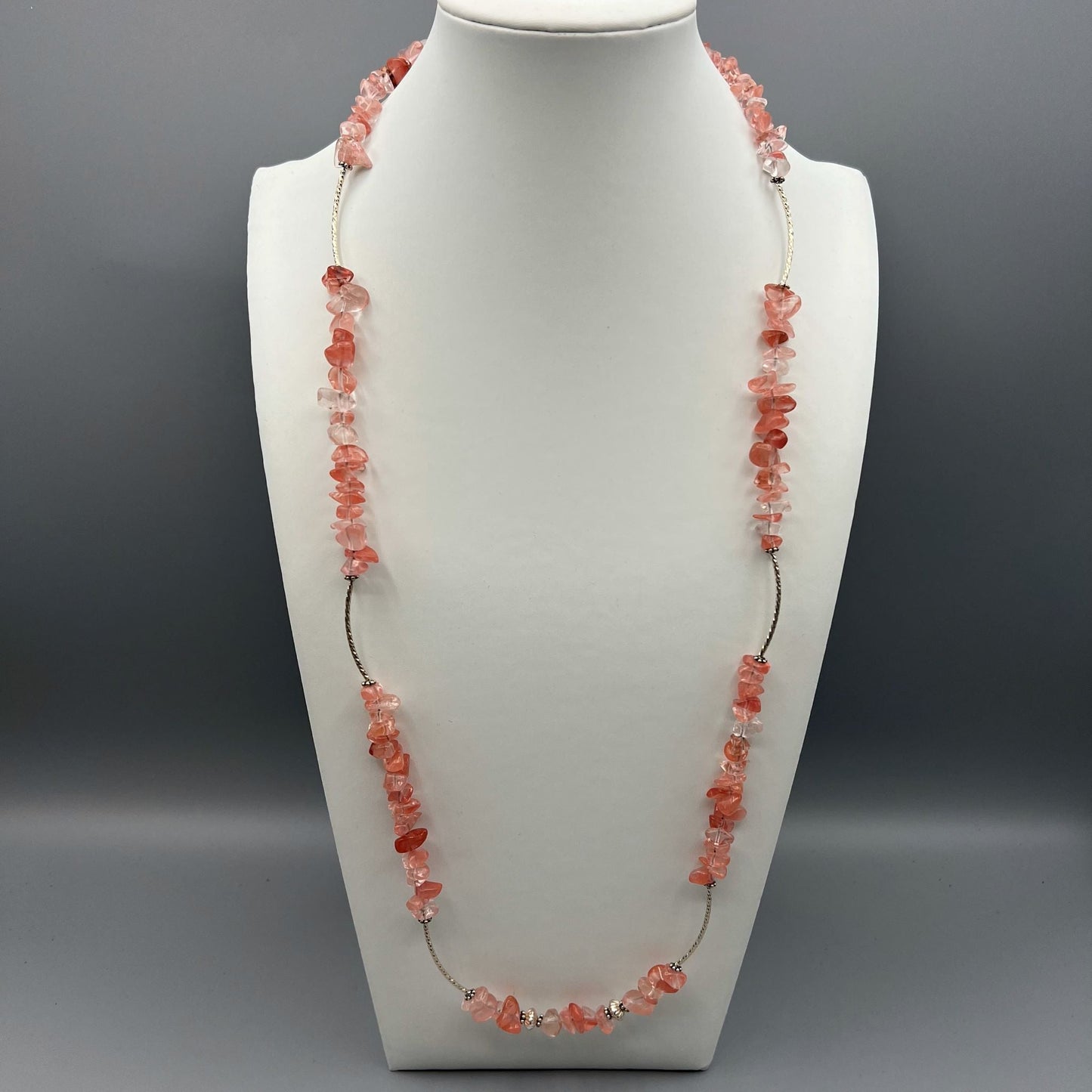 925 Silver Trendy Handcrafted Pink Strawberry Quartz Long Chip Bead Necklace