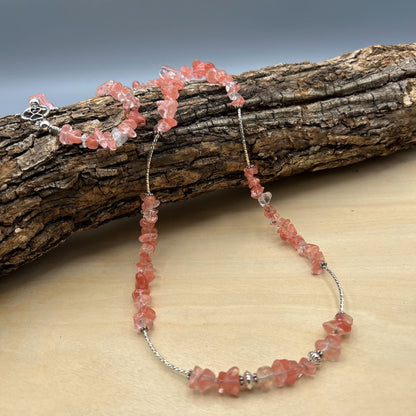 925 Silver Trendy Handcrafted Pink Strawberry Quartz Long Chip Bead Necklace