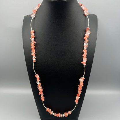 925 Silver Trendy Handcrafted Pink Strawberry Quartz Long Chip Bead Necklace